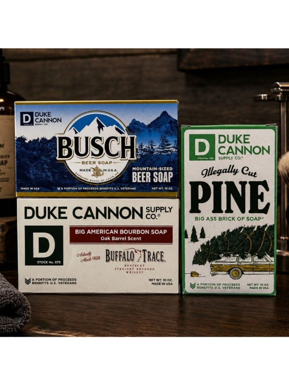 Duke Cannon Big Soap Trio: Busch Beer Buffalo Trace Bourbon & Pine 10 Oz Each